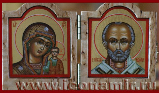 Икона Складень диптих дорожный (6,4х4,2х2 см в сложенном виде) . Образ Божьей Матери Казанская и св. Николай Чудотворец фото, купить, описание Икона Складень диптих дорожный (6,4х4,2х2 см в сложенном виде) . Образ Божьей Матери Казанская и св. Николай Чудотворец фото, купить, описание