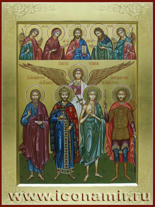 Икона Двучасная икона. Деисус: Господь Вседержитель, Пресвятая Богородица, Святой Иоанн Креститель и Архангелы Михаил и Гавриил. Святой Ангел Хранитель и Святые Андрей Первозванный, князь Борис, Мария Египетская, Феодор Стратилат фото, купить, описание Икона Двучасная икона. Деисус: Господь Вседержитель, Пресвятая Богородица, Святой Иоанн Креститель и Архангелы Михаил и Гавриил. Святой Ангел Хранитель и Святые Андрей Первозванный, князь Борис, Мария Египетская, Феодор Стратилат фото, купить, описание